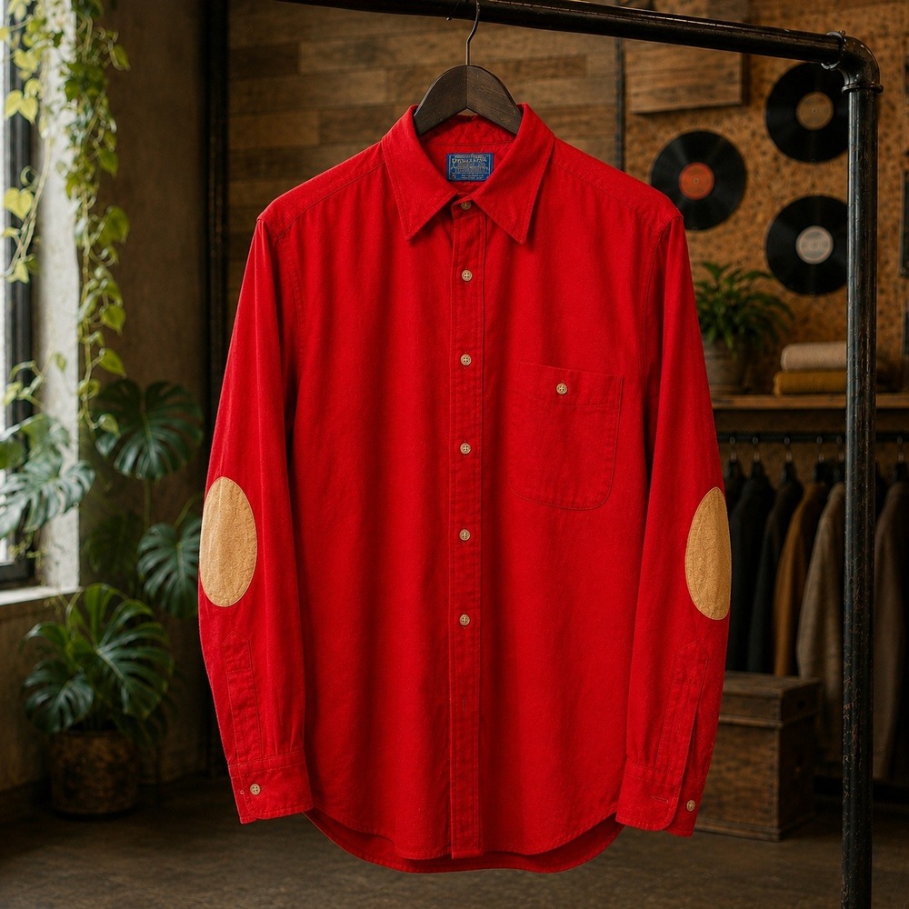 VINTAGE Pendleton L wool Red Shirt suede Elbow Patches